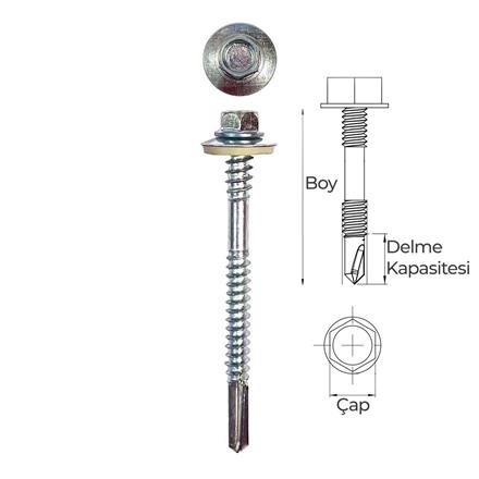 5.5x105 DIN 7504K Altıköşe Pul Başlı Matkap Uçlu Poliüretan Çatı Sandviç Panel Vidası 12 mm
