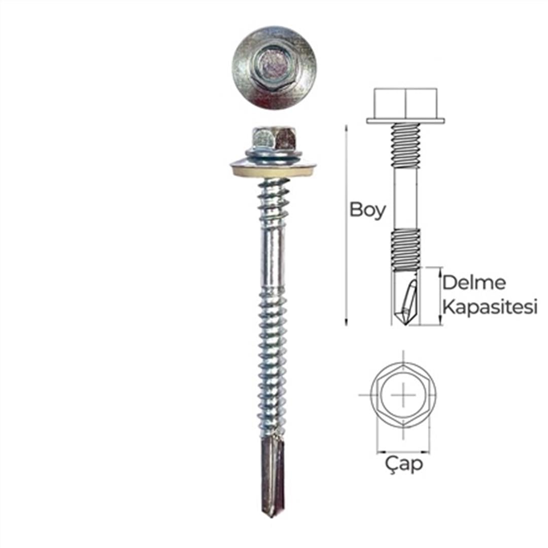 5.5x66 DIN 7504K Altıköşe Pul Başlı Matkap Uçlu Poliüretan Çatı Sandviç Panel Vidası 12 mm