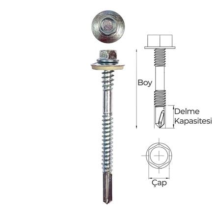5.5x76 DIN 7504K Altıköşe Pul Başlı Matkap Uçlu Poliüretan Çatı Sandviç Panel Vidası 12 mm