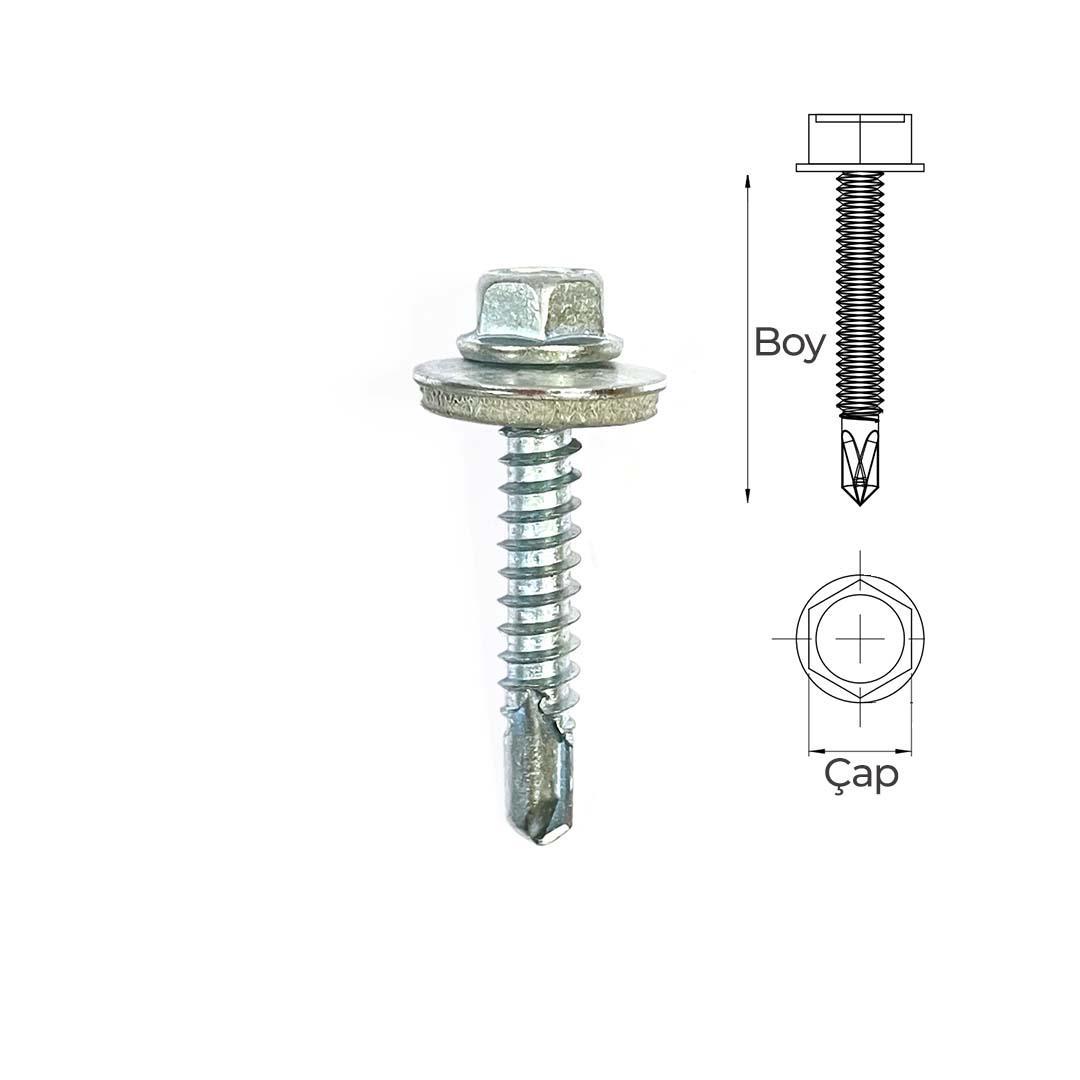 5.5x25 DIN 7504K Altıköşe Pul Başlı Matkap Uçlu Çatı Trapez Vidası - 500Lü Paket