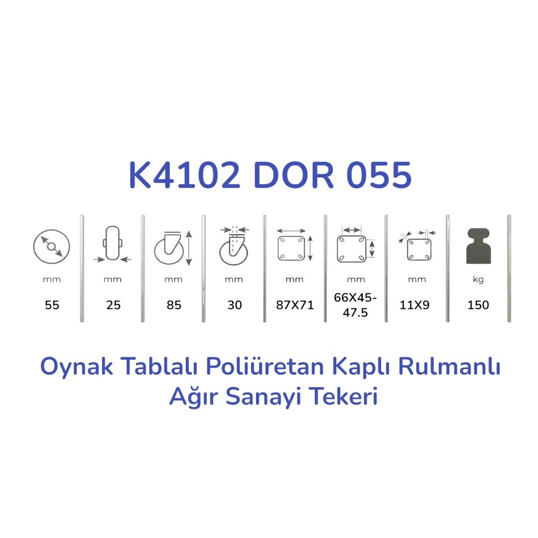 Kama K4102 DOR 055 Oynak Tablalı Poliüretan Kaplı Rulmanlı Ağır Sanayi Tekeri 55 mm Çaplı