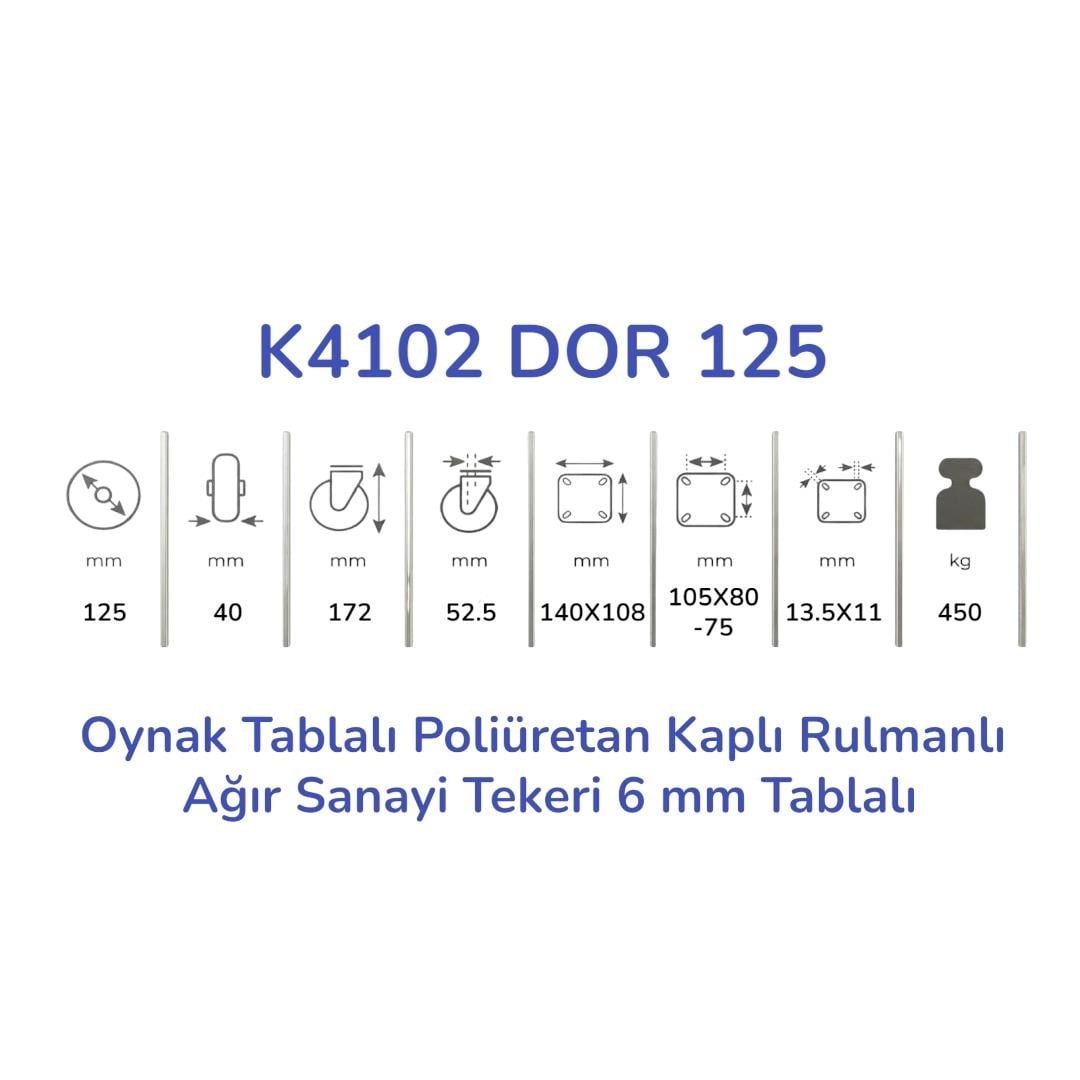Kama K4102 DOR 125 Oynak Tablalı Poliüretan Kaplı Rulmanlı Ağır Sanayi Tekeri 125 mm Çaplı (6 mm Tablalı)