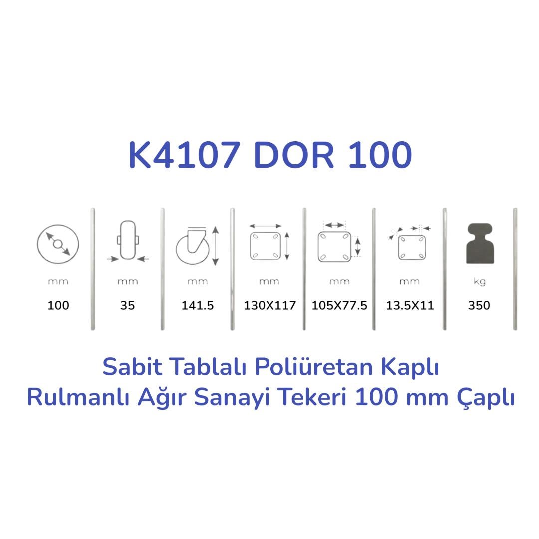 Kama K4107 DOR 100 Sabit Tablalı Poliüretan Kaplı Rulmanlı Ağır Sanayi Tekeri 100 mm Çaplı