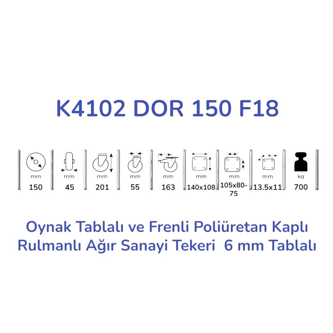 Kama K4102 DOR 150 F18 Oynak Tablalı ve Frenli Poliüretan Kaplı Rulmanlı Ağır Sanayi Tekeri 150 mm Çaplı (6 mm Tablalı)