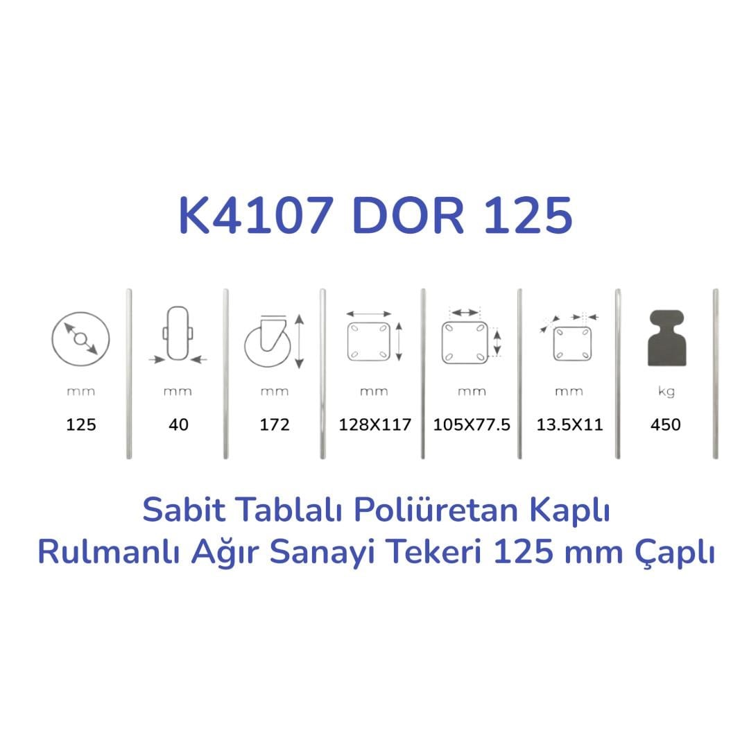 Kama K4107 DOR 125 Sabit Tablalı Poliüretan Kaplı Rulmanlı Ağır Sanayi Tekeri 125 mm Çaplı (6 mm Tablalı)