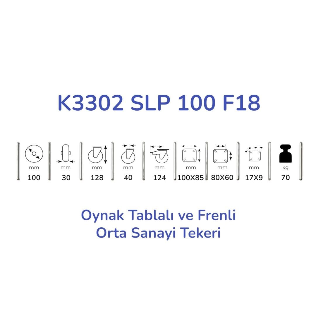 Kama K3302 SLP 100 F18 Oynak Tablalı ve Frenli Orta Sanayi Tekeri 100 mm Çaplı