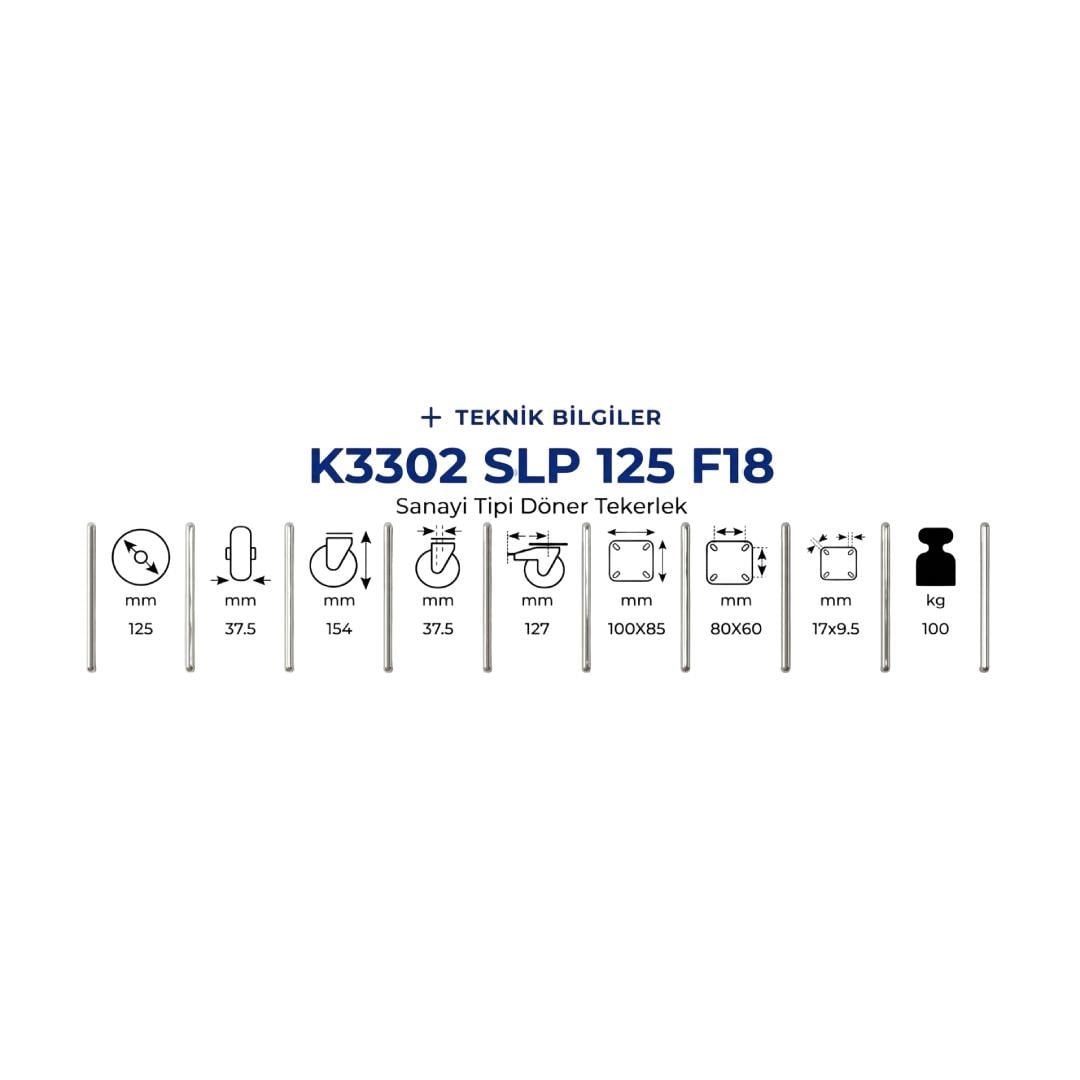 Kama K3302 SLP 125 F18 Oynak Tablalı ve Frenli Orta Sanayi Tekeri 125 mm Çaplı