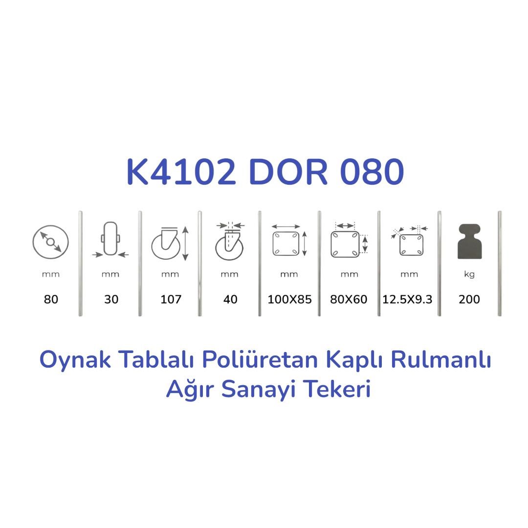 Kama K4102 DOR 080 Oynak Tablalı Poliüretan Kaplı Rulmanlı Ağır Sanayi Tekeri 80 mm Çaplı