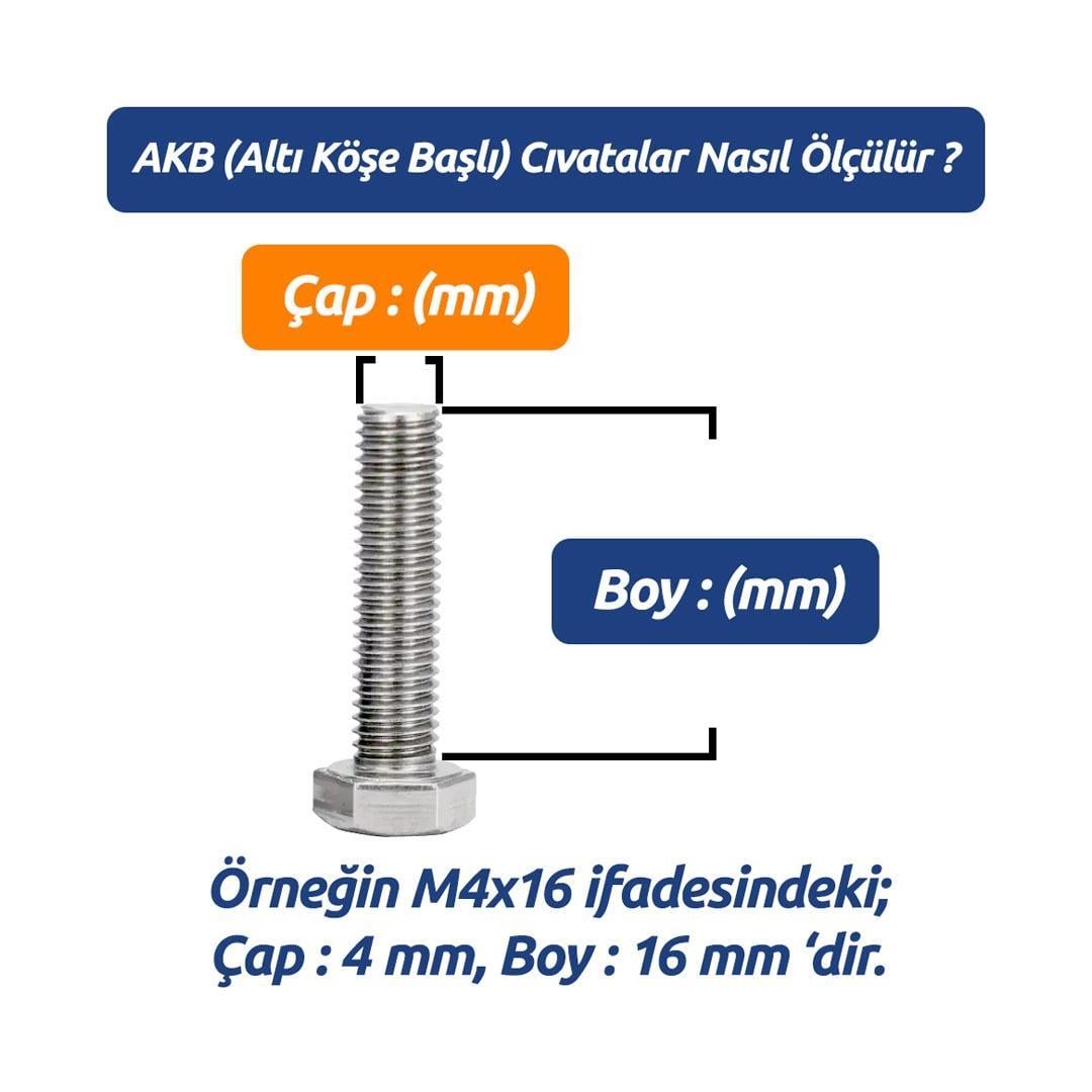 M8x20 DIN 931/933 A2 Paslanmaz Inox AKB (Altı Köşe Başlı) Cıvata