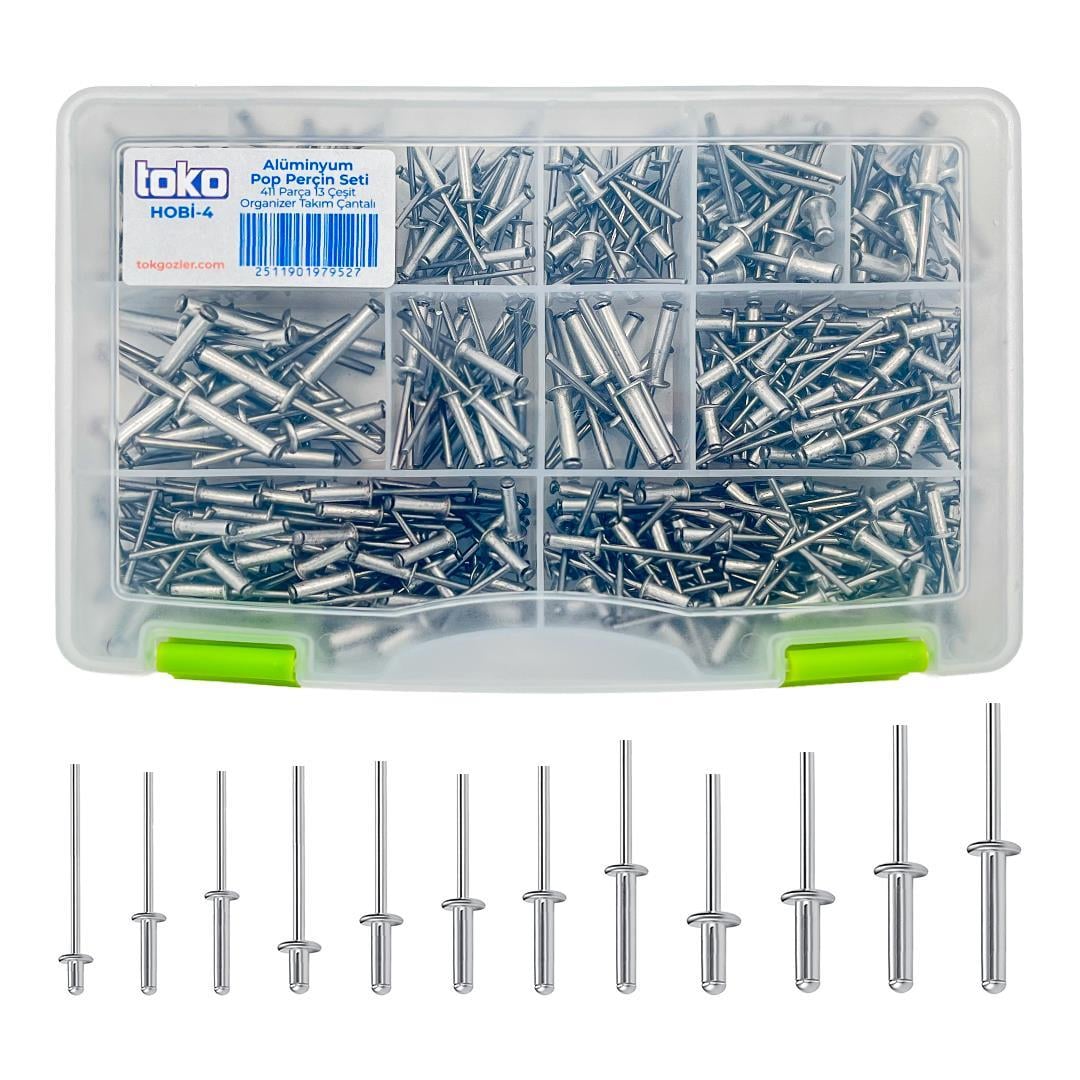 Toko Hobi-4 Alüminyum Pop Perçin Seti 411 Parça 13 Çeşit Organizer Takım Çantalı