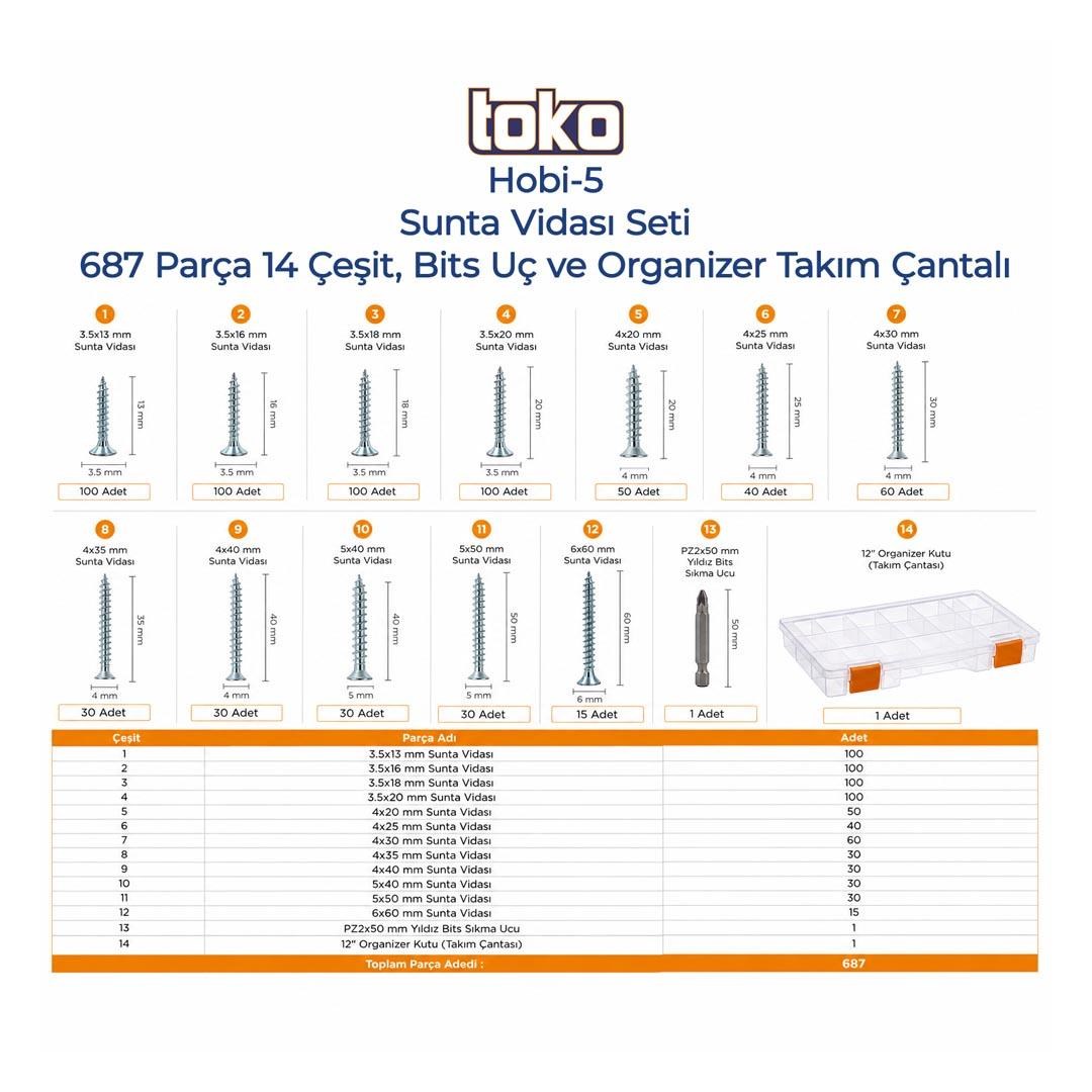 Toko Hobi-5 Sunta Vidası Seti 687 Parça 14 Çeşit, Bits Uç ve Organizer Takım Çantalı