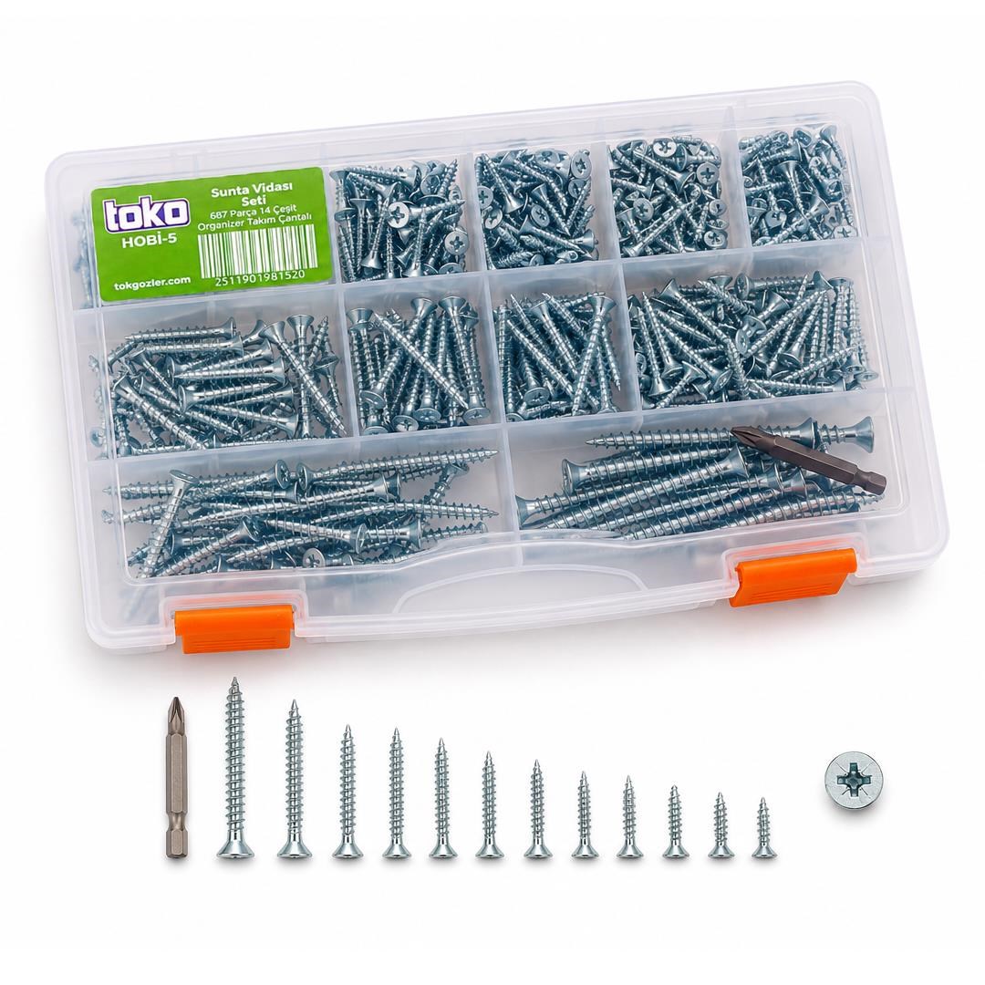 Toko Hobi-5 Sunta Vidası Seti 687 Parça 14 Çeşit, Bits Uç ve Organizer Takım Çantalı