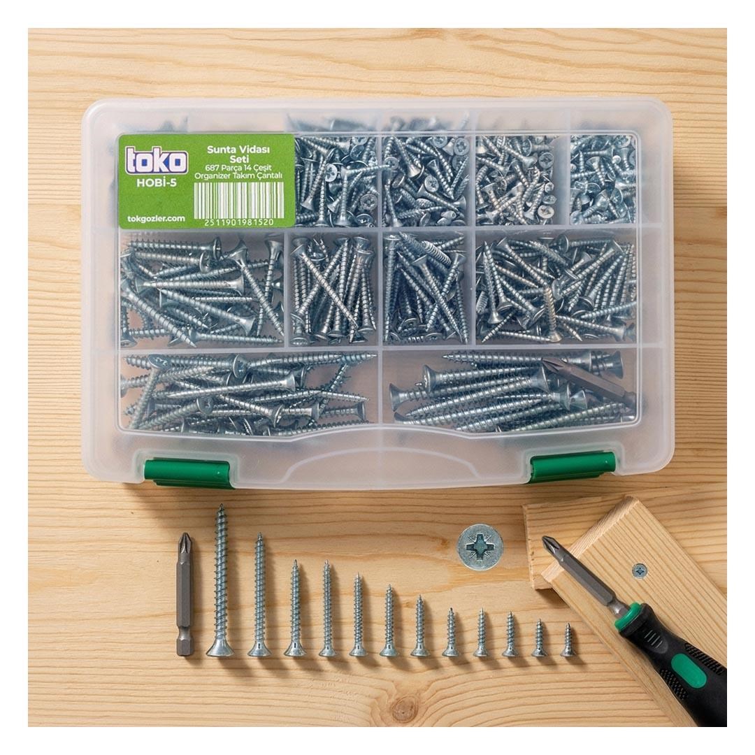 Toko Hobi-5 Sunta Vidası Seti 687 Parça 14 Çeşit, Bits Uç ve Organizer Takım Çantalı