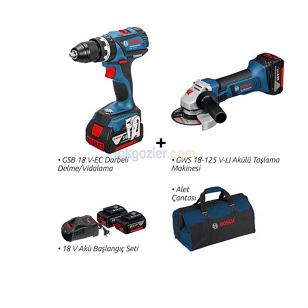 Bosch Pro-Mix GSB 18 V-EC Darbeli Delme/Vidalama ve GWS 18-125 V-LI Akülü Taşlama Makinesi 5 Ah Çift Akülü Ürün Seti