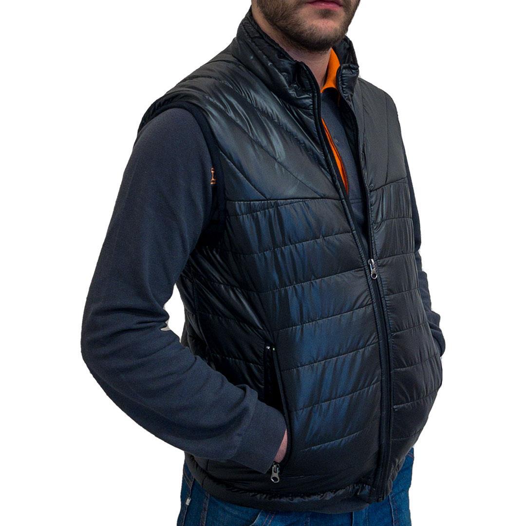 Dik Yaka Biyeli Fermuarlı Cepli ve Çift Desenli Şişme Yelek - Siyah - L