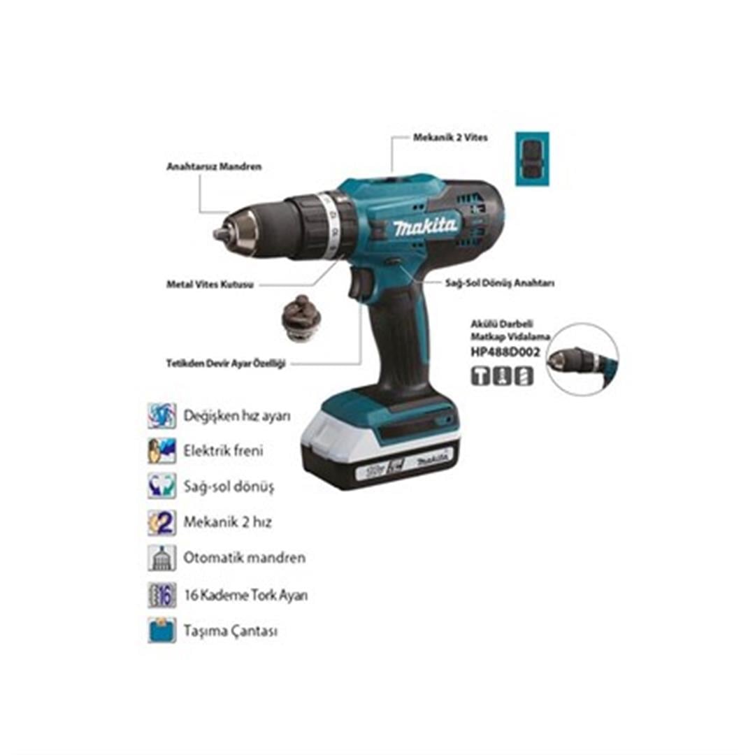 Makita HP488D002 18V 2x1.5 Ah Li-ion Çift Akülü Darbeli Matkap Vidalama