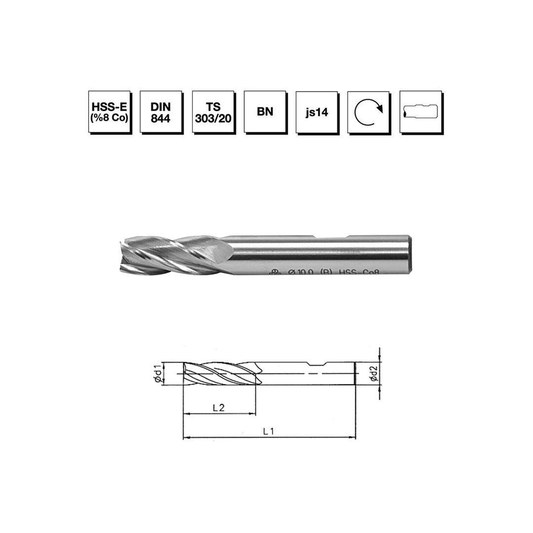 MTE Makina Takım 12.0 mm HSS - E (%8Co) DIN 844 BN Silindirik Saplı Parmak Freze - Kısa - B00276181200