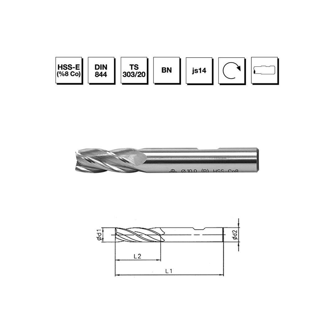 MTE Makina Takım 14.0 mm HSS - E (%8Co) DIN 844 BN Silindirik Saplı Parmak Freze - Kısa - B00276181400