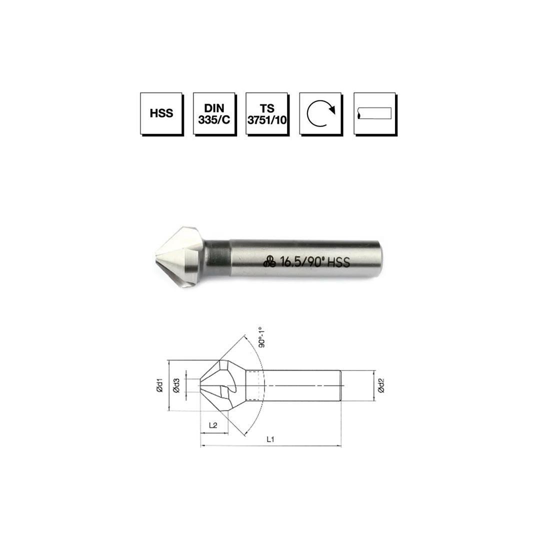 MTE Makina Takım 31.5 mm HSS DIN 335/C 3 Ağızlı Silindirik Saplı Havşa Freze - 90° - B00313123150