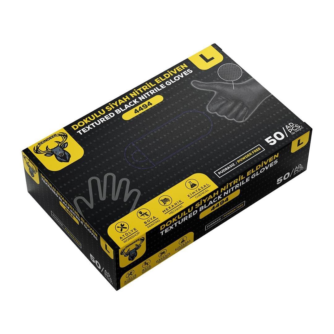 Reindeer 4494 Dokulu Siyah Nitril Eldiven No: 9/L - 50li Paket