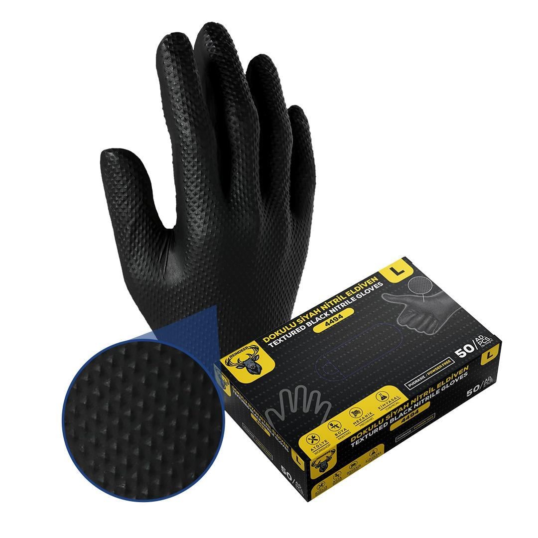 Reindeer 4494 Dokulu Siyah Nitril Eldiven No: 9/L - 50li Paket