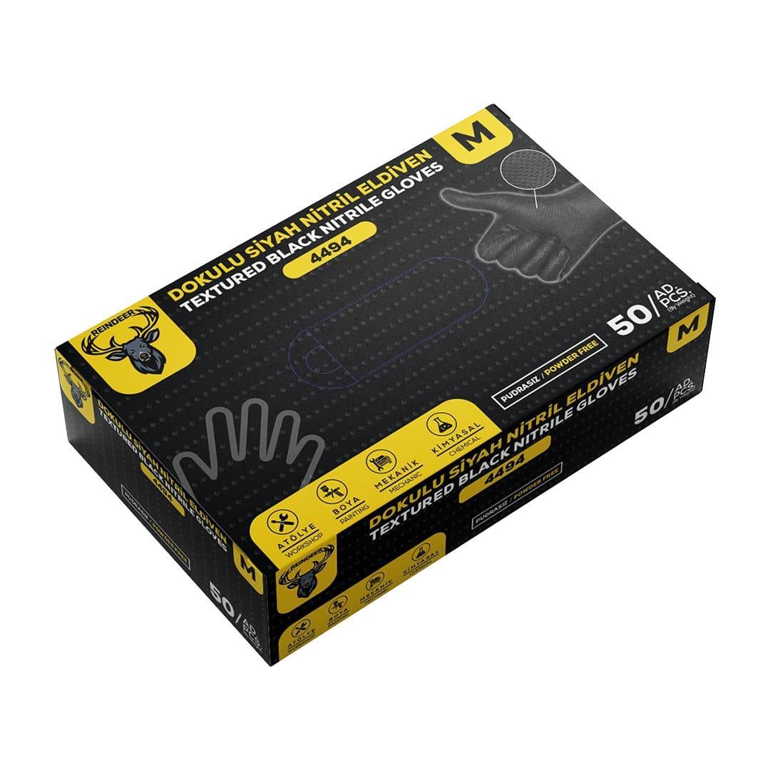 Reindeer 4494 Dokulu Siyah Nitril Eldiven No: 8/M - 50li Paket