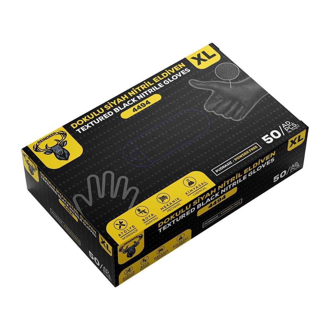 Reindeer 4494 Dokulu Siyah Nitril Eldiven No: 10/XL - 50li Paket