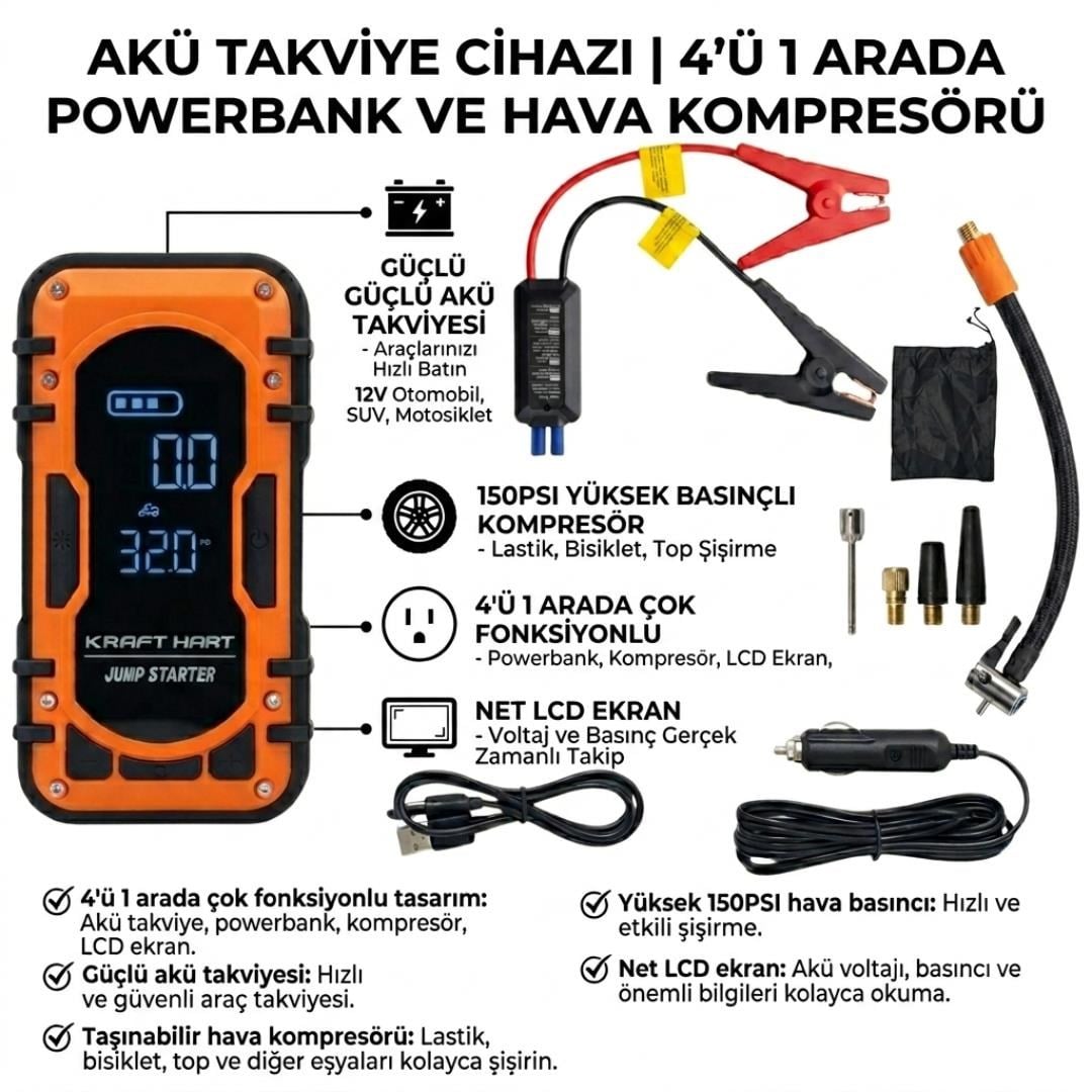 Kraft Hart MC6635 Akü Takviye Cihazı ve Şarjlı Hava Kompresörü
