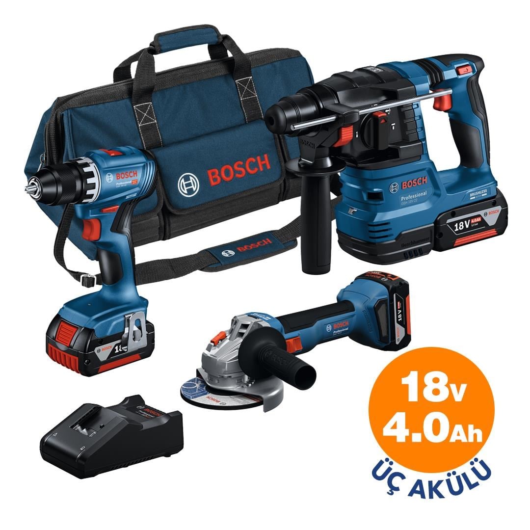 Bosch Professional GSR 18V-45 + GWS 18V-8 + GBH 18V-22 3x4.0Ah Akülü Kombo Kit + 52 Parça El Aleti Seti + Toko Hobi-2 502 Parça Çok Amaçlı Set