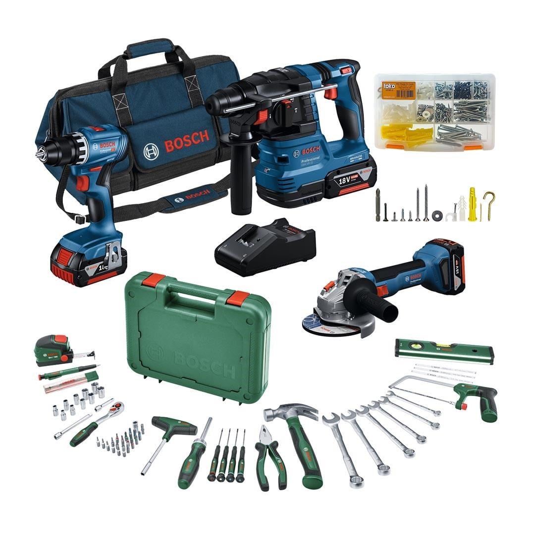 Bosch Professional GSR 18V-45 + GWS 18V-8 + GBH 18V-22 3x4.0Ah Akülü Kombo Kit + 64 Parça El Aleti Seti + Toko Hobi-2 502 Parça Çok Amaçlı Set
