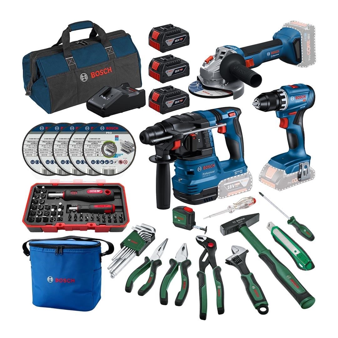 Bosch GSR 18V-45 + GWS 18V-8 + GBH 18V-22 3x18V 4.0Ah Akülü Kombo Kit + 66 Parça El Aleti Seti + Termos Çantalı