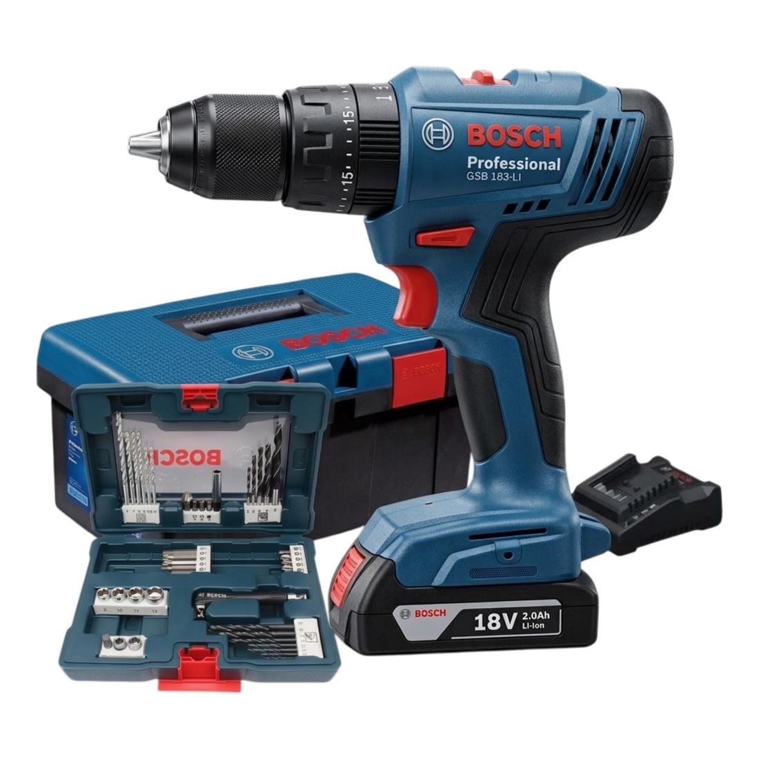 Bosch Professional GSB 183-LI 18V 2.0Ah Tek Akülü Darbeli Vidalama Makinesi Takım Çantası ve 41 Parça Aksesuar Seti - 06019K91K3