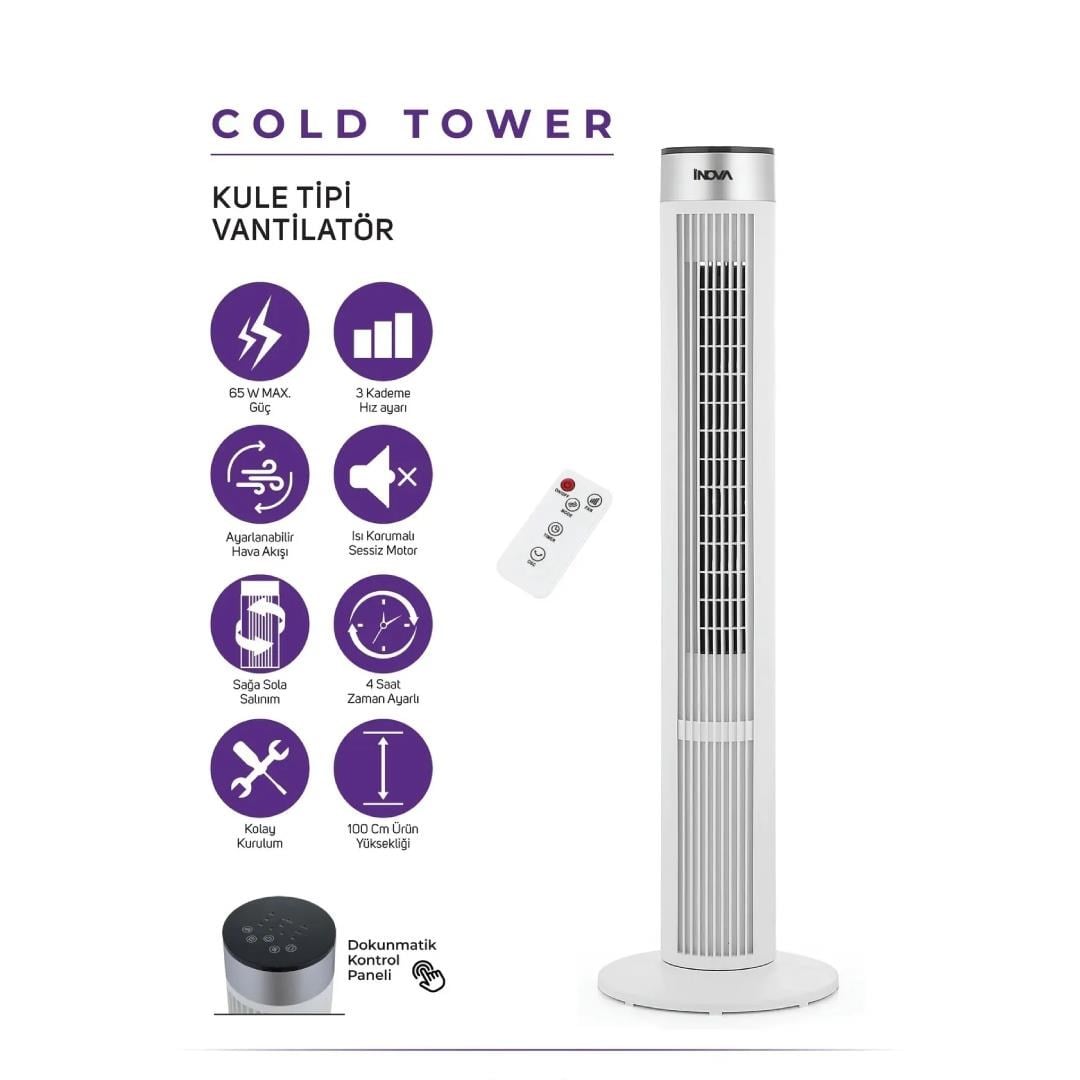 İnova Cold Tower Kule Tipi Büyük Boy Kumandalı Vantilatör 65 Watt