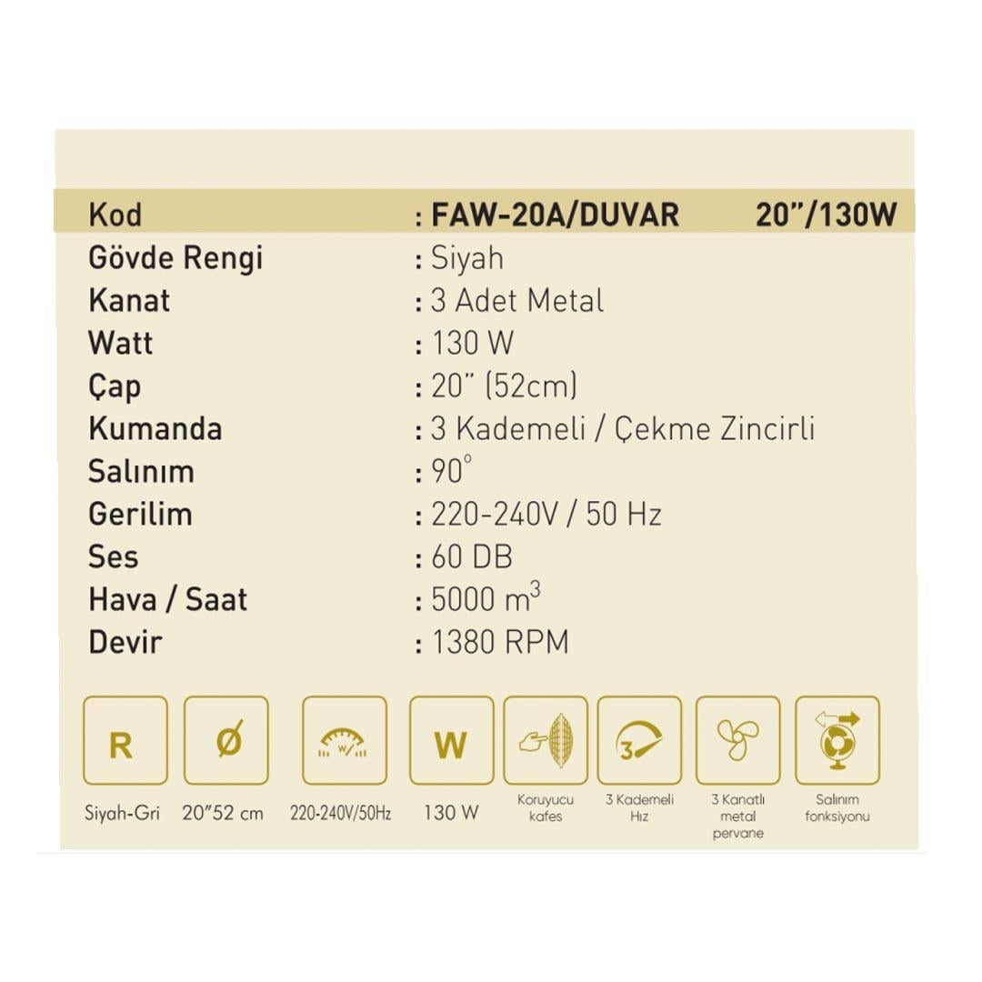 Taflan FAW-20A 130W 3 Kademeli Metal Gövde Sanayi Tipi Duvar Vantilatörü 20