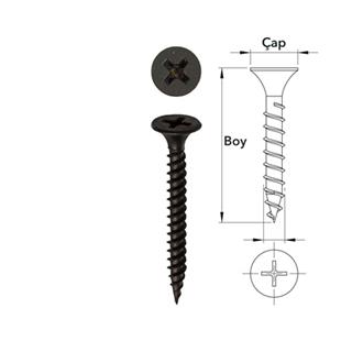 3.5x25 Borazan Başlı Sivri Uçlu Seyrek Dişli Alçıpan Vidası Siyah