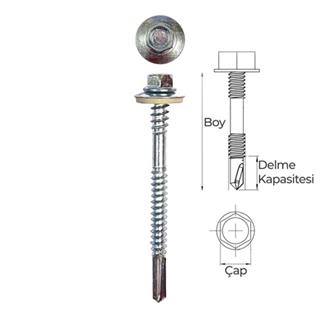 5.5x76 DIN 7504K Altıköşe Pul Başlı Matkap Uçlu Poliüretan Çatı Sandviç Panel Vidası 12 mm