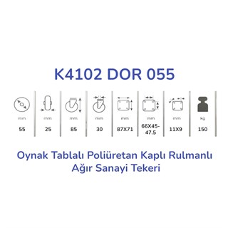 Kama K4102 DOR 055 Oynak Tablalı Poliüretan Kaplı Rulmanlı Ağır Sanayi Tekeri 55 mm Çaplı