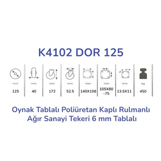 Kama K4102 DOR 125 Oynak Tablalı Poliüretan Kaplı Rulmanlı Ağır Sanayi Tekeri 125 mm Çaplı (6 mm Tablalı)