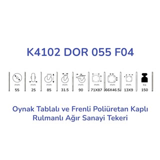 Kama K4102 DOR 055 F04 Oynak Tablalı ve Frenli Poliüretan Kaplı Rulmanlı Ağır Sanayi Tekeri 55 mm Çaplı