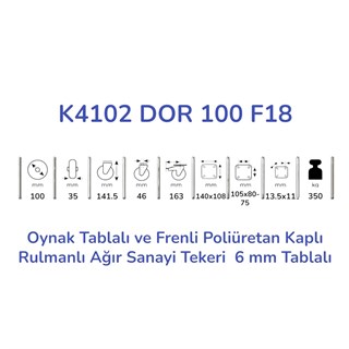 Kama K4102 DOR 100 F18 Oynak Tablalı ve Frenli Poliüretan Kaplı Rulmanlı Ağır Sanayi Tekeri 100 mm Çaplı (6 mm Tablalı)