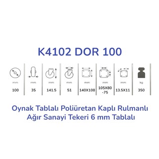 Kama K4102 DOR 100 Oynak Tablalı Poliüretan Kaplı Rulmanlı Ağır Sanayi Tekeri 100 mm Çaplı (6 mm Tablalı)