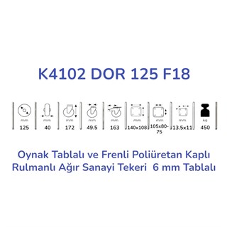 Kama K4102 DOR 125 F18 Oynak Tablalı ve Frenli Poliüretan Kaplı Rulmanlı Ağır Sanayi Tekeri 125 mm Çaplı (6 mm Tablalı)