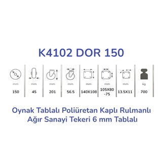 Kama K4102 DOR 150 Oynak Tablalı Poliüretan Kaplı Rulmanlı Ağır Sanayi Tekeri 150 mm Çaplı (6 mm Tablalı)