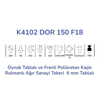 Kama K4102 DOR 150 F18 Oynak Tablalı ve Frenli Poliüretan Kaplı Rulmanlı Ağır Sanayi Tekeri 150 mm Çaplı (6 mm Tablalı)