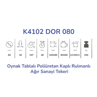 Kama K4102 DOR 080 Oynak Tablalı Poliüretan Kaplı Rulmanlı Ağır Sanayi Tekeri 80 mm Çaplı