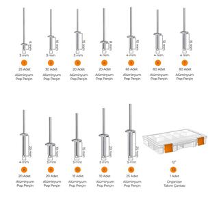 Toko Hobi-4 Alüminyum Pop Perçin Seti 411 Parça 13 Çeşit Organizer Takım Çantalı