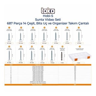 Toko Hobi-5 Sunta Vidası Seti 687 Parça 14 Çeşit, Bits Uç ve Organizer Takım Çantalı