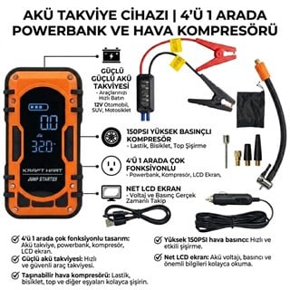Kraft Hart MC6635 Akü Takviye Cihazı ve Şarjlı Hava Kompresörü