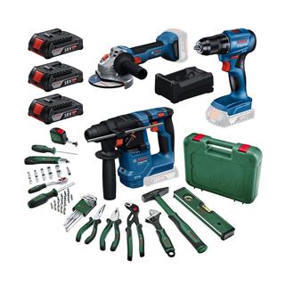 Bosch Professional GBH 18V-18 + GSR 185-LI + GWS 18V-8 + 3x18V 2.0Ah Akülü Set + Bosch Gelişmiş El Aleti Seti 52 Parça (Kombo Usta Seti)