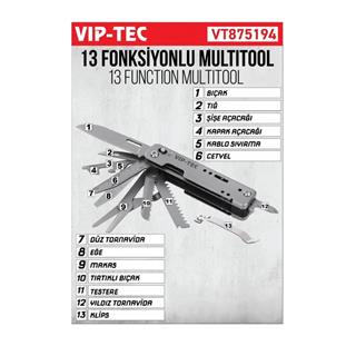 Vip-Tec VT875194 13 Parça Multifonksiyonel Çok Amaçlı Katlanır Cep Tipi Çakı - Multitool
